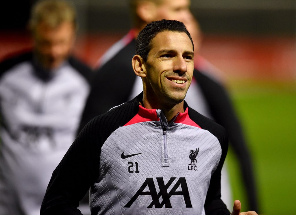 Maxi Rodriguez pictured playing during a Liverpool legends training session.