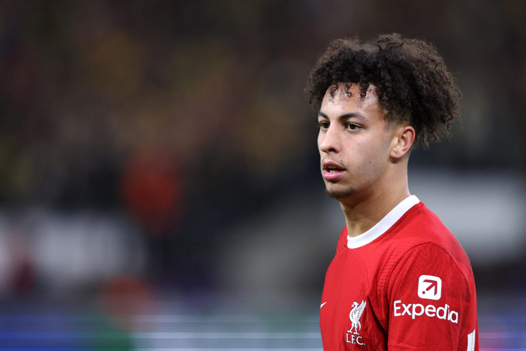 Kaide Gordon of Liverpool in action during the UEFA Europa League 2023/24 match between Royal Union Saint-Gilloise and Liverpool FC at Lotto Park