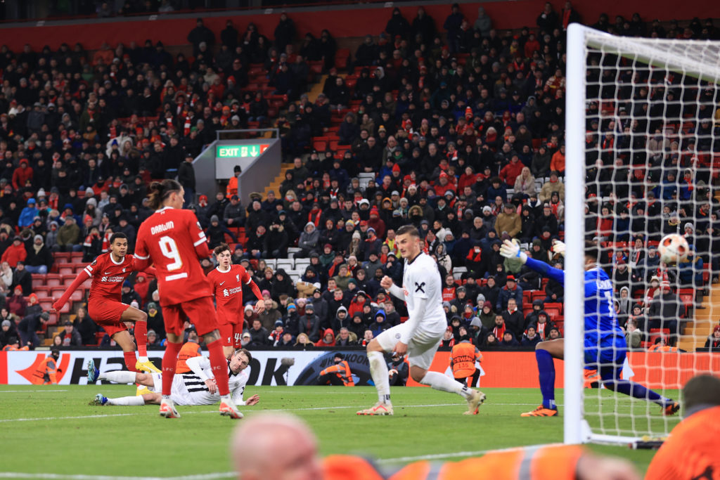 Liverpool forward Cody Gakpo scores v LASK in Group E of UEFA Europa League 2023/24