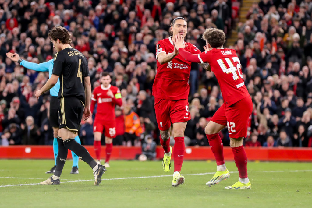 Liverpool forward Darwin Nunez v AC Sparta Prague in Round of 16, Second Leg of UEFA Europa League 2023/24
