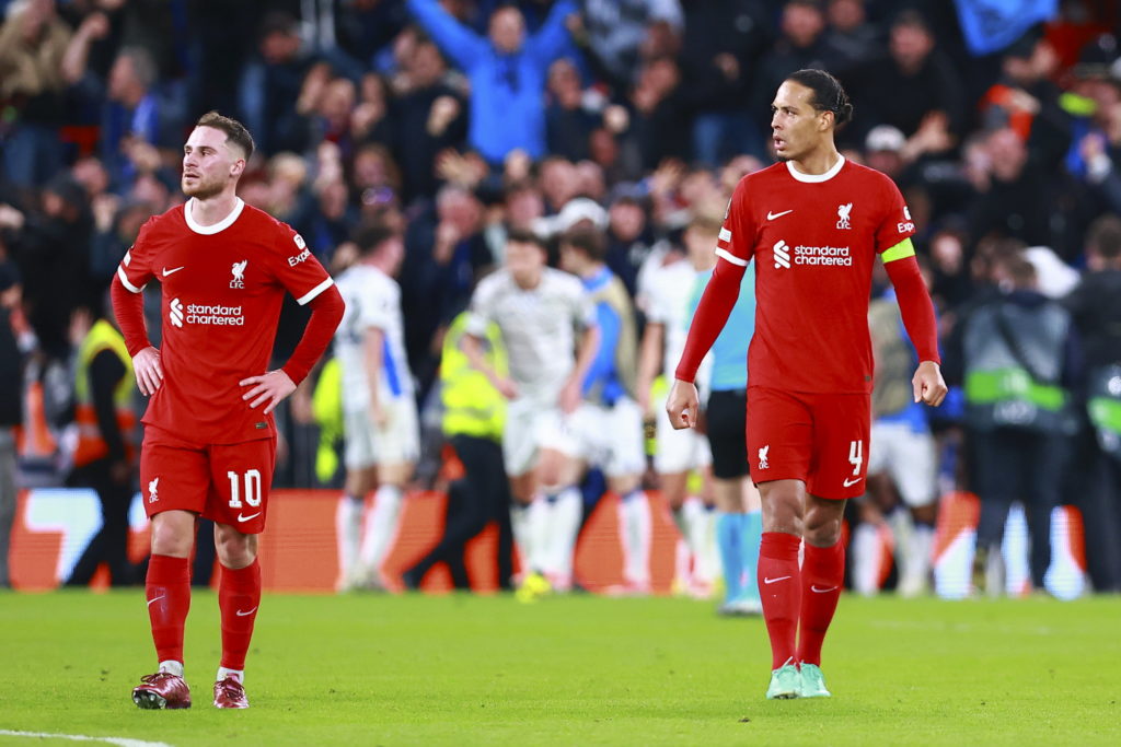 Alexis Mac Allister and Virgil van Dijk of Liverpool v Atalanta in Quarter-Final First Leg of UEFA Europa League 2023/24