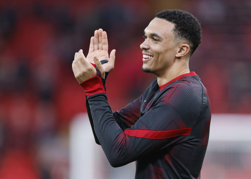 Trent Alexander-Arnold of Liverpool before the UEFA Europa League 2023/24 Quarter-Final first leg match between Liverpool FC and Atalanta at Anfield