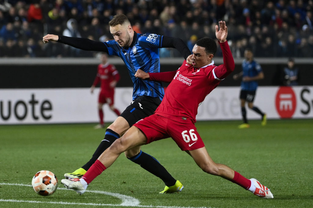 Liverpool defender Trent Alexander-Arnold v Atalanta BC in Quarter-Final Second Leg of UEFA Europa League 2023/24