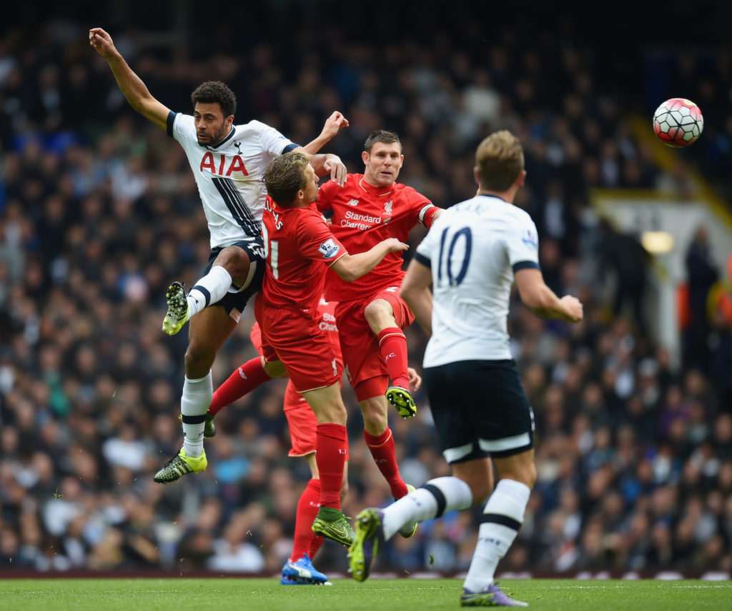 Liverpool midfielders Lucas Leiva and James Milner vs Tottenham Hotspur in Jurgen Klopp's first XI as manager