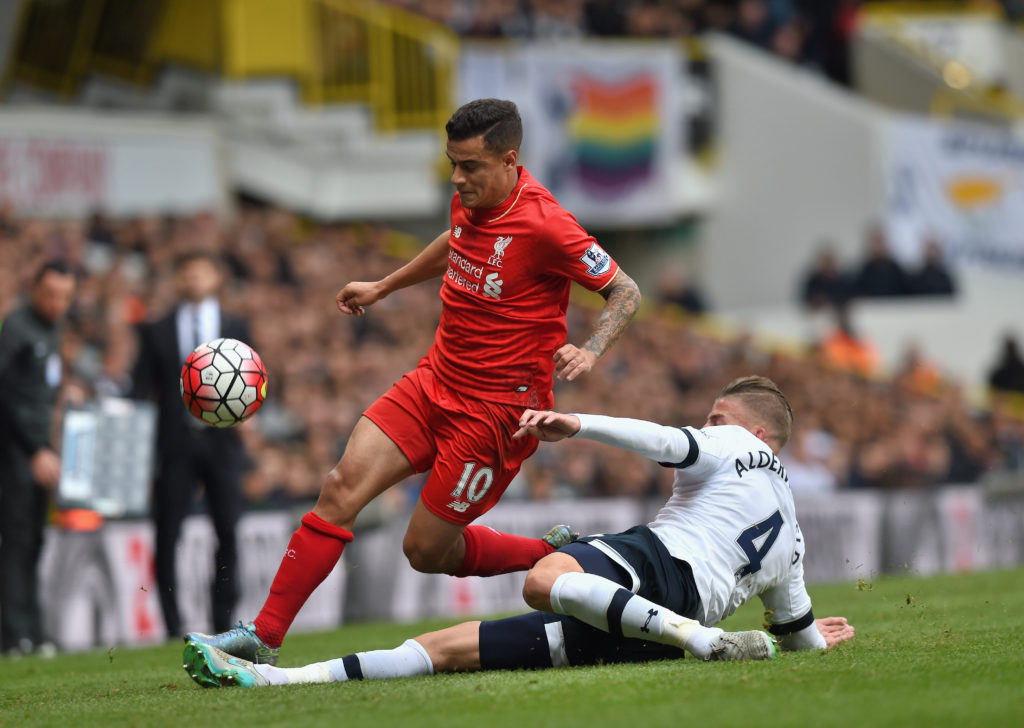 Liverpool midfielder Philippe Coutinho vs Tottenham Hotspur in Jurgen Klopp's first XI as manager