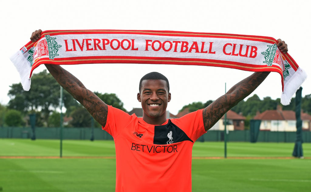 Georginio Wijnaldum of Liverpool after signing his contract at Melwood Training Ground