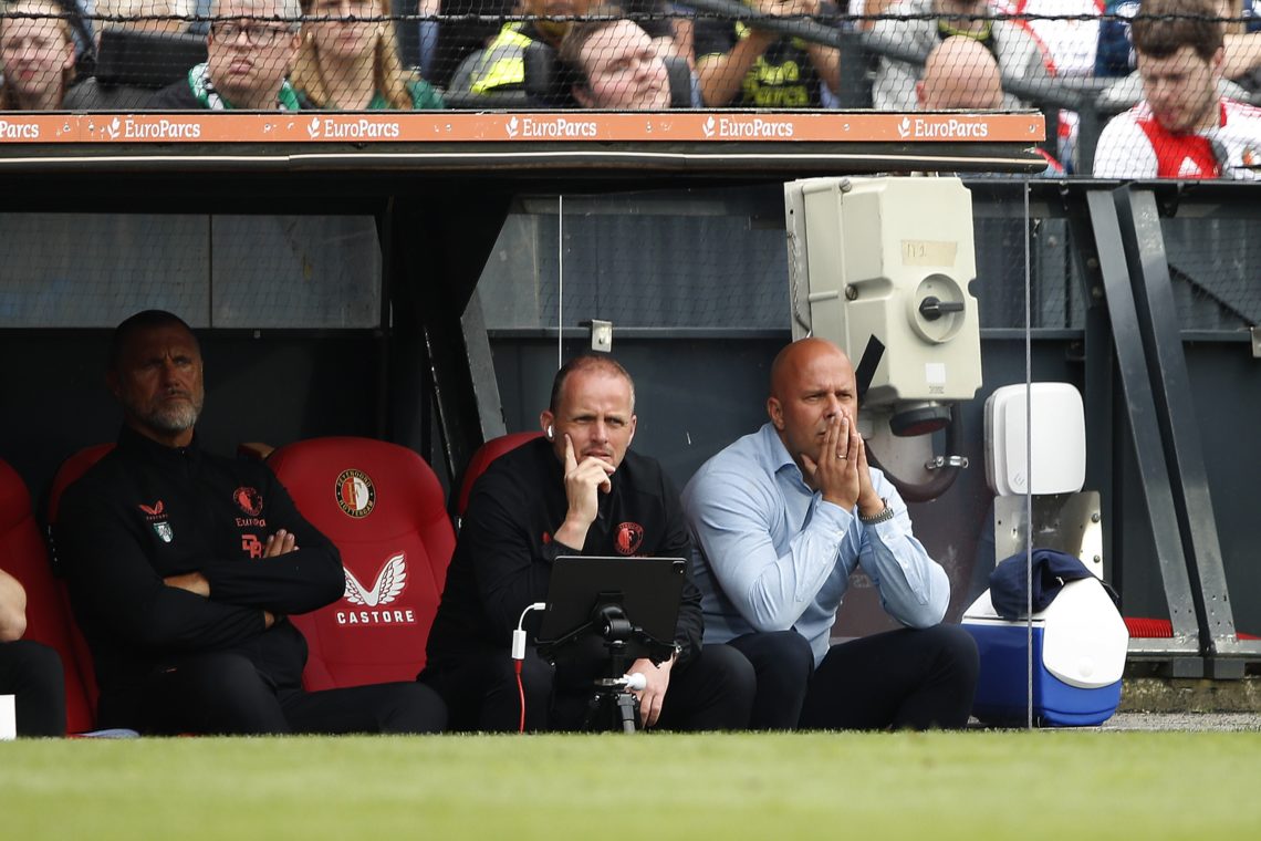 lr f Feyenoord assistant trainer Sipke Hulshoff, Feyenoord assistant trainer John de Wolf, Feyenoord coach Arne Slot on the bench during the Dutch Eredivisie match between Feyenoord and Excelsior Rotterdam at Feyenoord Stadion de Kuip on May 19, 2024 in Rotterdam, Netherlands. ANP BART STOUTJESDIJK (Photo by ANP via Getty Images