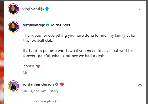 Jordan Henderson message to Virgil van Dijk on Instagram (Cr.@virgilvandijk, META, Instagram, 2024)