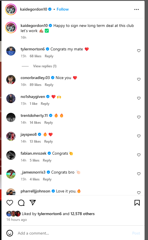 Liverpool players reply to Kaide Gordon on Instagram. CR.@KaideGordon10 (META 2024, Instagram)