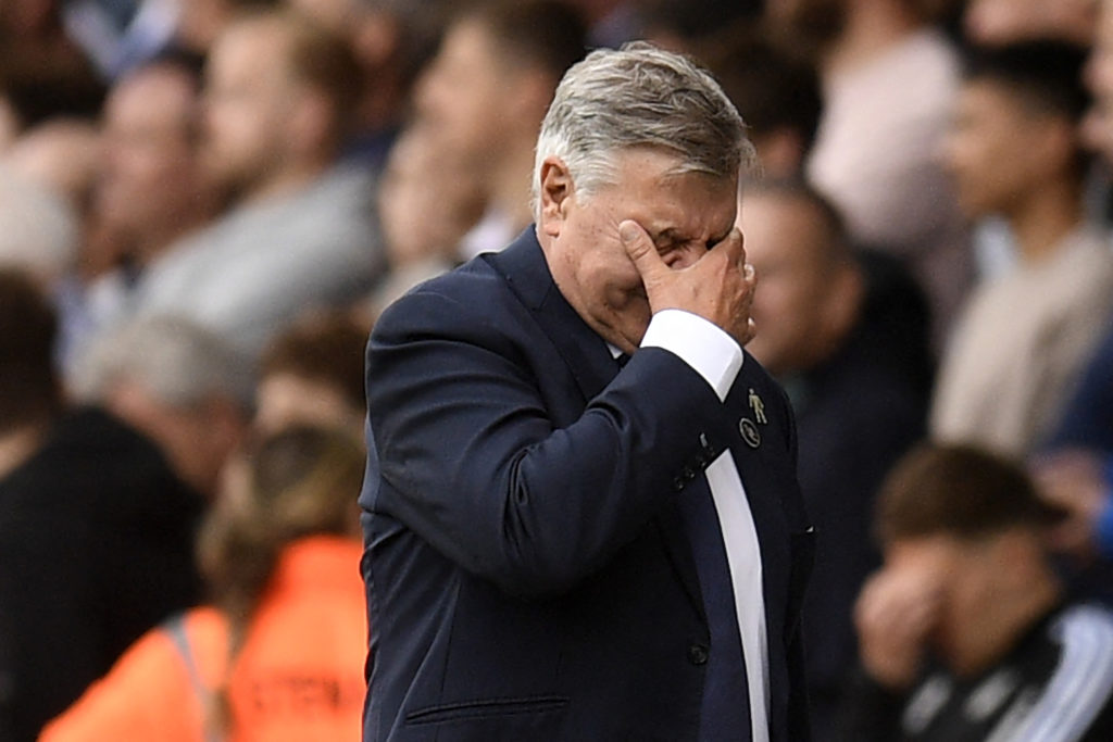 Sam Allardyce with his head in his hands after a Premier League game between Leeds and Tottenham.