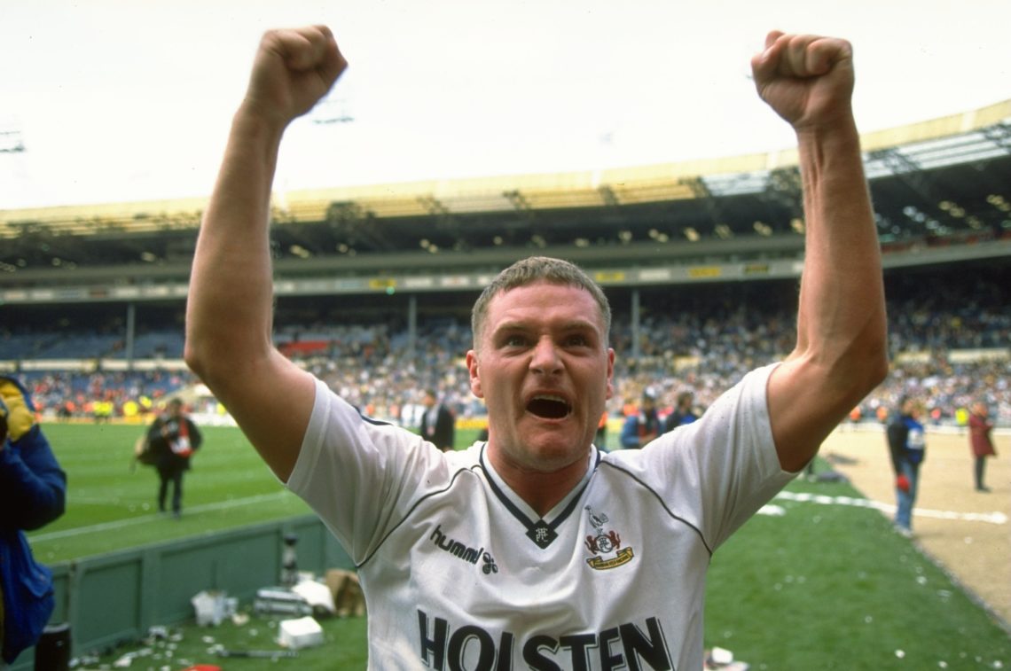 1991: Paul Gascoigne #8 of Tottenham Hotspur celebrates their win after the FA Cup Semi-Final against Arsenal at Wembley Stadium in London. Totten...
