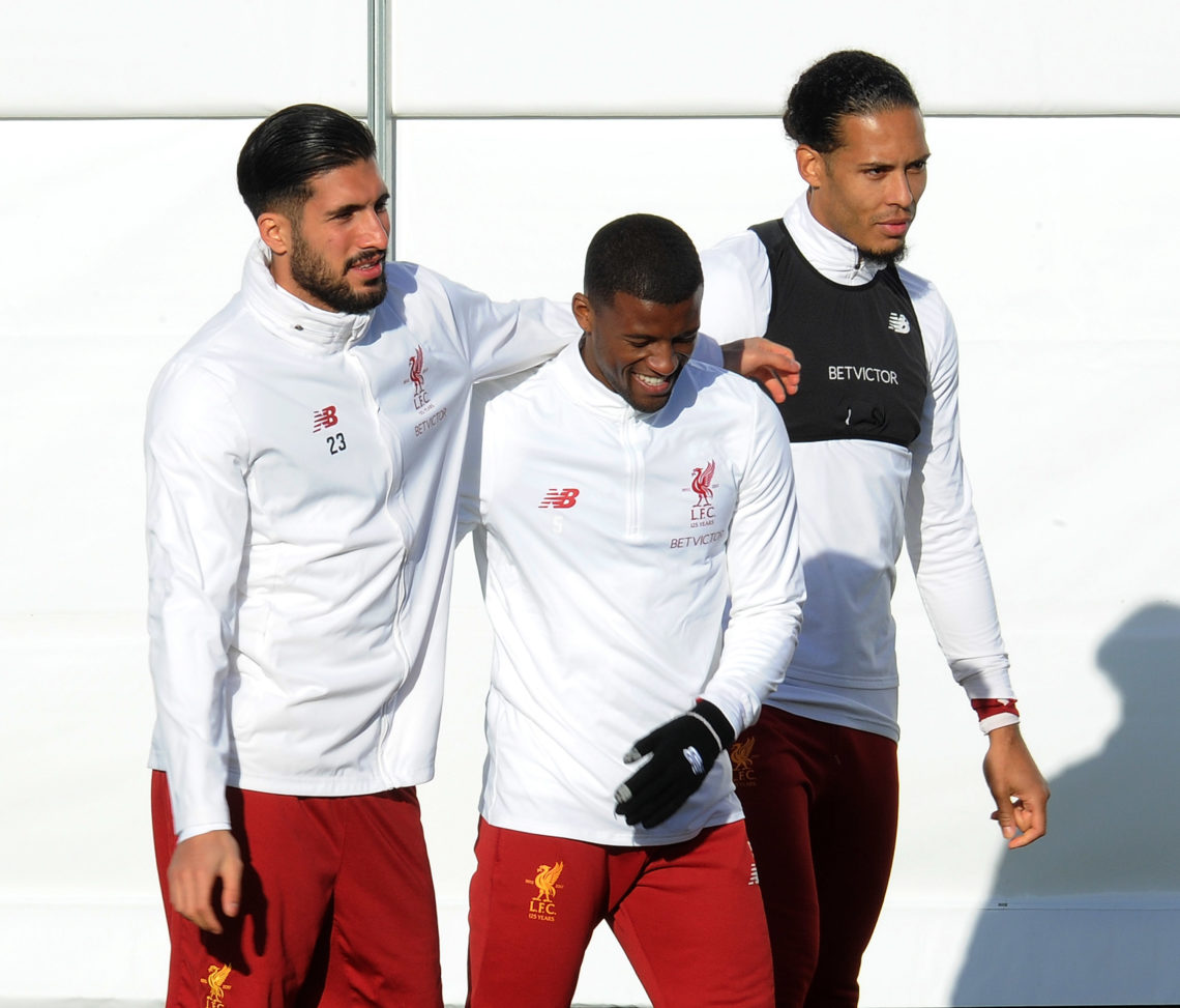 LIVERPOOL, ENGLAND - FEBRUARY 20: Georginio Wijnaldum, Emre Cana and Virgil van Dijk Liverpool during a training session at Melwood Training Groun...