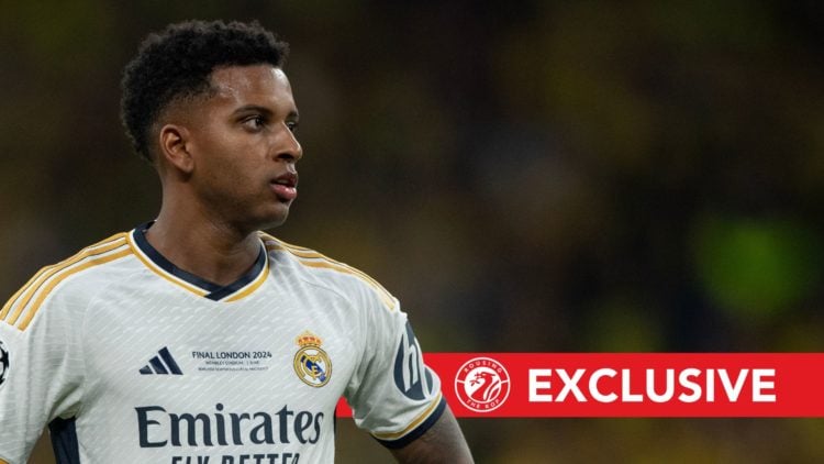 Rodrygo of Real Madrid looks on during the UEFA Champions League 2023/24 final match. Overlaid, RTK EXCLUSIVE banner.