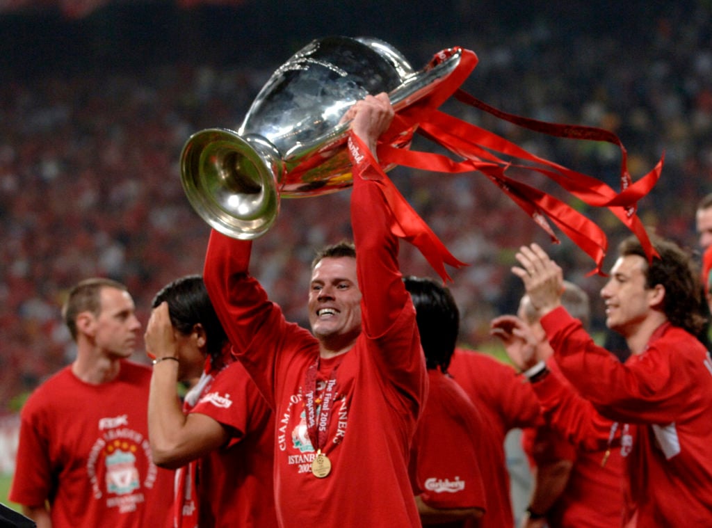 BT Sport, Football, UEFA Champions League Final, 25th May 2005, Ataturk Stadium, Istanbul, AC Milan 3 v Liverpool 3, ( Liverpool won 3-2 on penalties), Liverpool's Jamie Carragher celebrates with the trophy