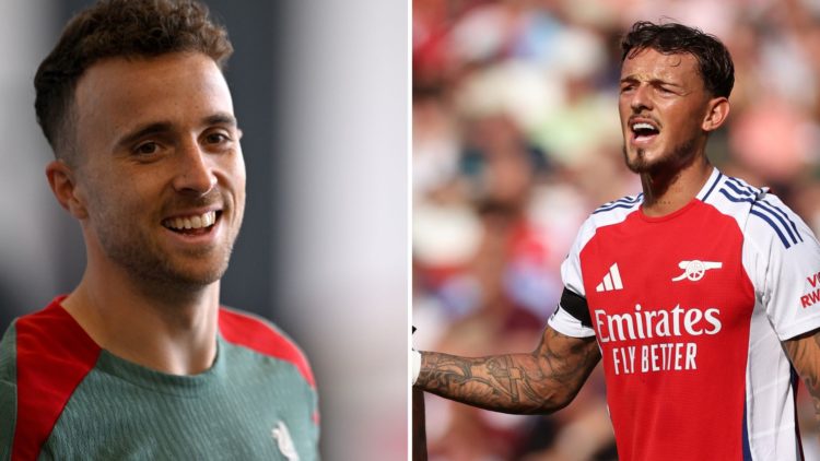 Liverpool forward Diogo Jota in pre-season training, Arsenal defender Ben White reacts in Premier League game against Wolves