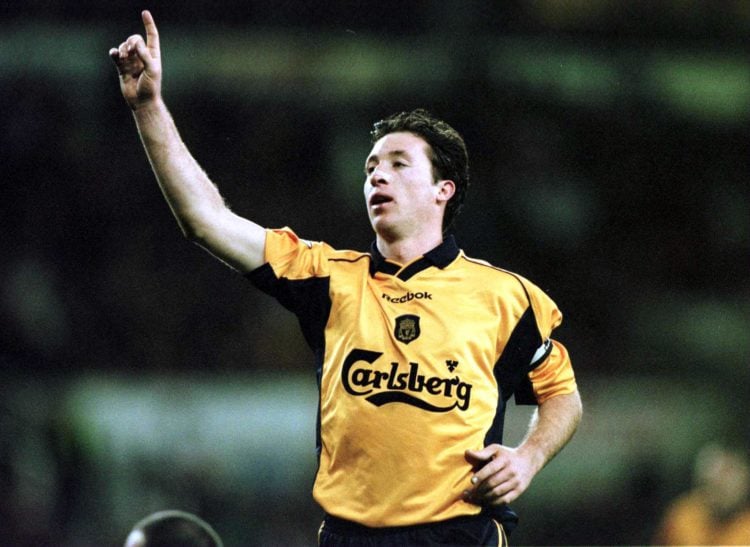 29 Nov 2000: Robbie Fowler of Liverpool celebrates scoring during the match between Stoke City and Liverpool in the Worthington Cup Fourth Round at...