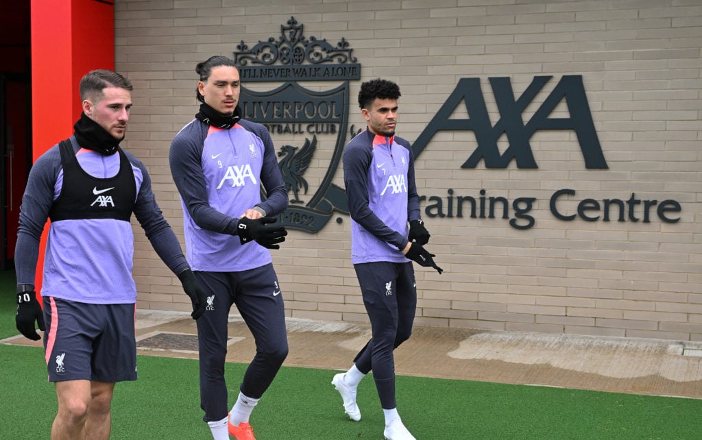 Luis Diaz and Darwin Nunez pictured during a Liverpool training session.