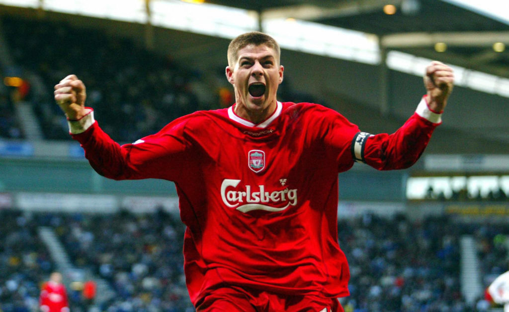 Liverpool' Steven Gerrard celebrates after scoring the Reds' second goal, 07 February 2004 in Bolton, during a Barclaycard Premier League match against Bolton