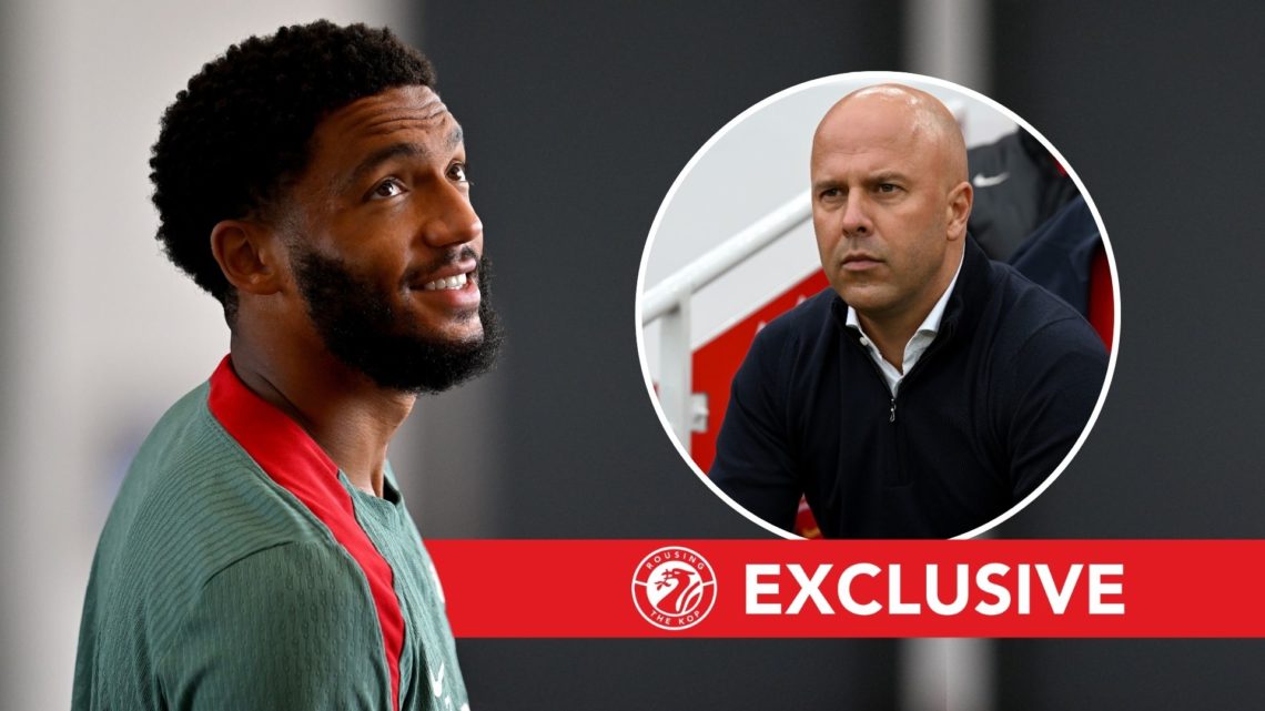Joe Gomez of Liverpool during a training session. Inset, Arne Slot.