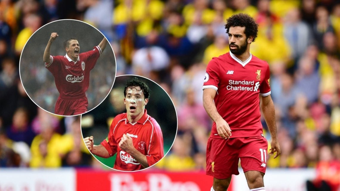 Liverpool winger Mohamed Salah reacts against Watford in the Premier League, Liverpool striker Michael Owen celebrates against Blackburn Rovers in ...