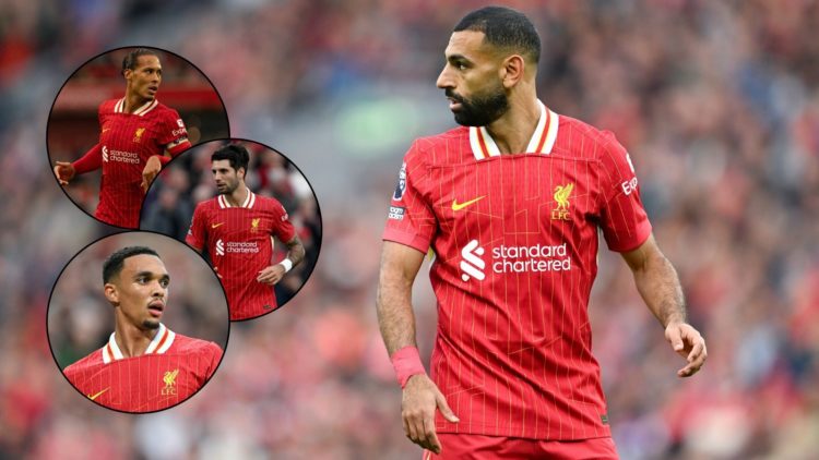 Liverpool forward Mohamed Salah reacts during a Premier League game against Brentford. Inset, Liverpool captain Virgil van Dijk reacts against Bren...