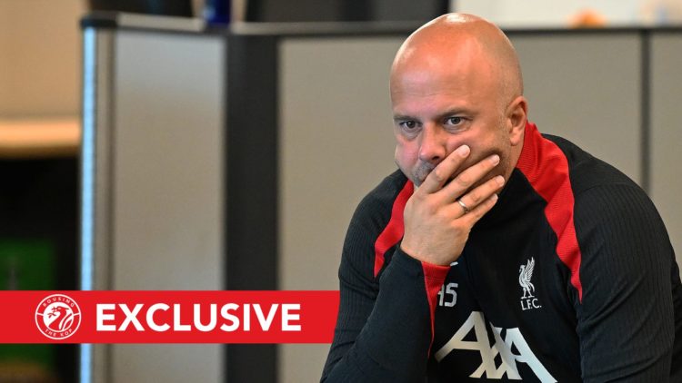 Arne Slot Head Coach of Liverpool during a training session. Overlaid, an exclusive banner.