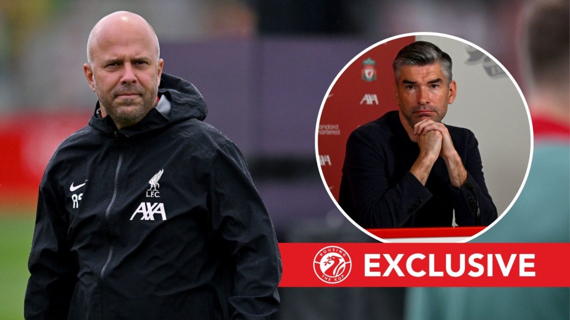 Arne Slot head coach of Liverpool during a training session. Inset, Richard Hughes.
