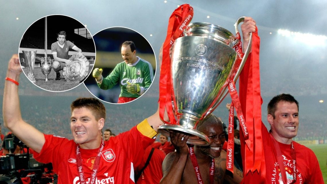 Liverpool players Steven Gerrard and Jamie Carragher celebrate winning the Champions League against AC Milan in 2005, Liverpool winger Ian Callagha...