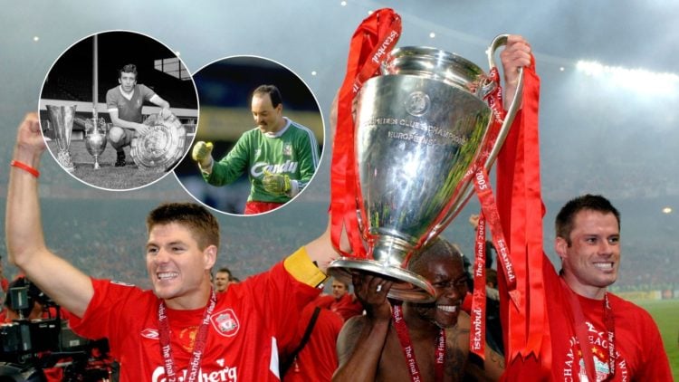 Liverpool players Steven Gerrard and Jamie Carragher celebrate winning the Champions League against AC Milan in 2005, Liverpool winger Ian Callagha...