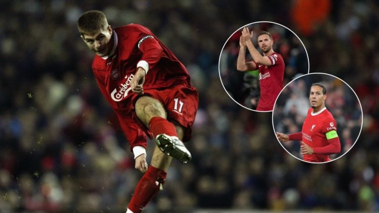Liverpool captain Steven Gerrard takes a free-kick against Steaua Bucharest in the UEFA Cup, Liverpool captain Jordan Henderson applauds their fans...