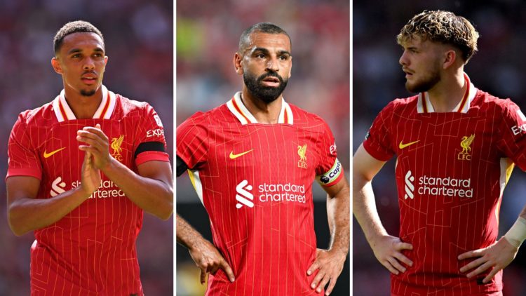 Liverpool defender Trent Alexander-Arnold applauds fans after pre-season friendly against Sevilla, Liverpool winger Mohamed Salah reacts during pre...