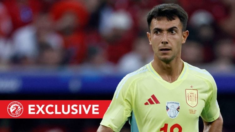 Martin Zubimendi of Spain runs during the UEFA EURO 2024 group stage match. Overlaid, an exclusive banner.