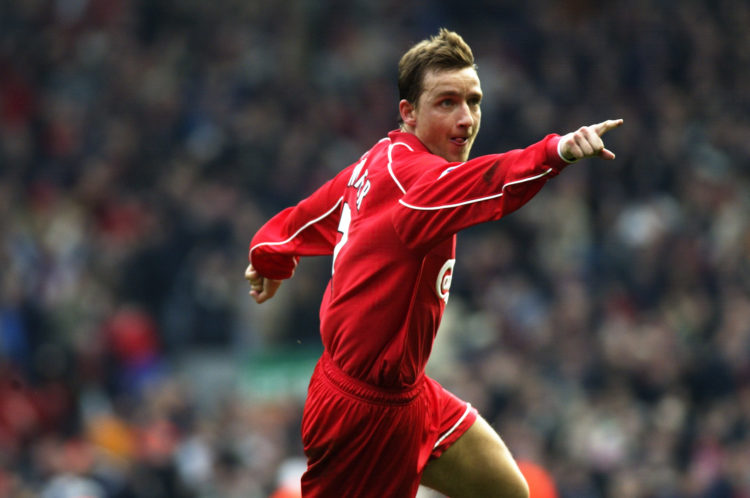 24 Mar 2002:  Vladimir Smicer of Liverpool celebrates scoring the winning goal as his team somehow take all three points with this last minute winn...