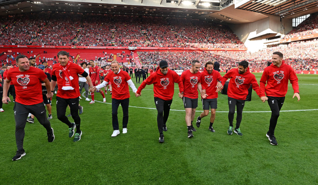 Liverpool staff join Jurgen Klopp in a bow in front of the Kop on his final day as manager at Anfield.