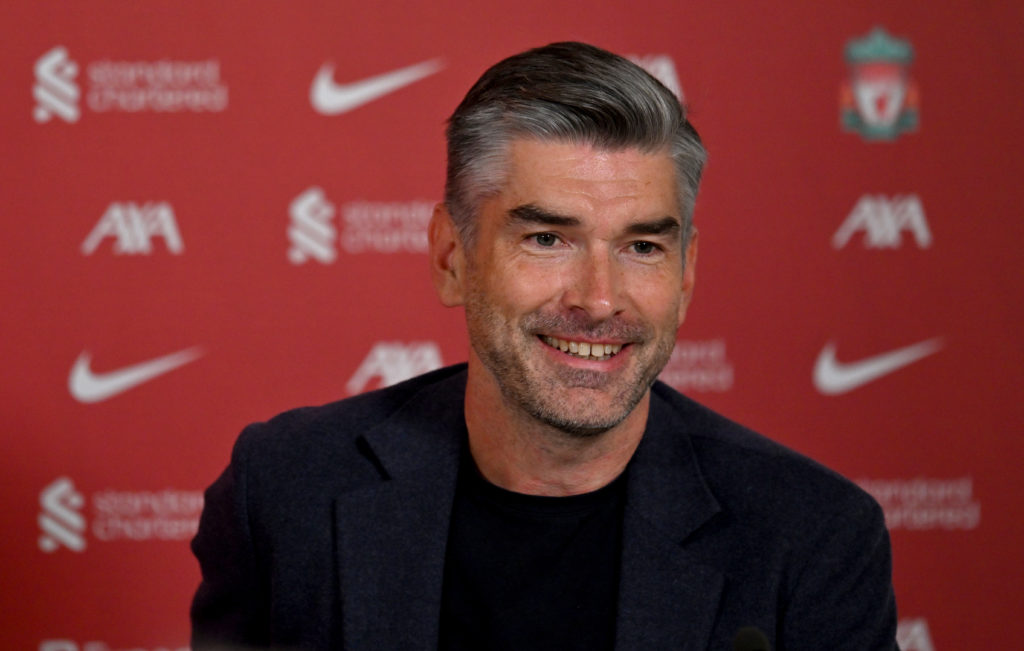New Liverpool sporting director Richard Hughes smiles during his unveiling press conference at the AXA Training Centre.