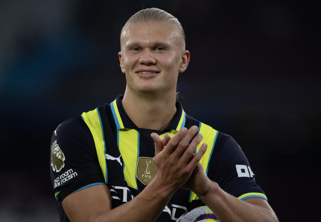 Erling Haaland of Manchester City seen holding the match ball after the Premier League match between West Ham United FC and Manchester City FC at London Stadium