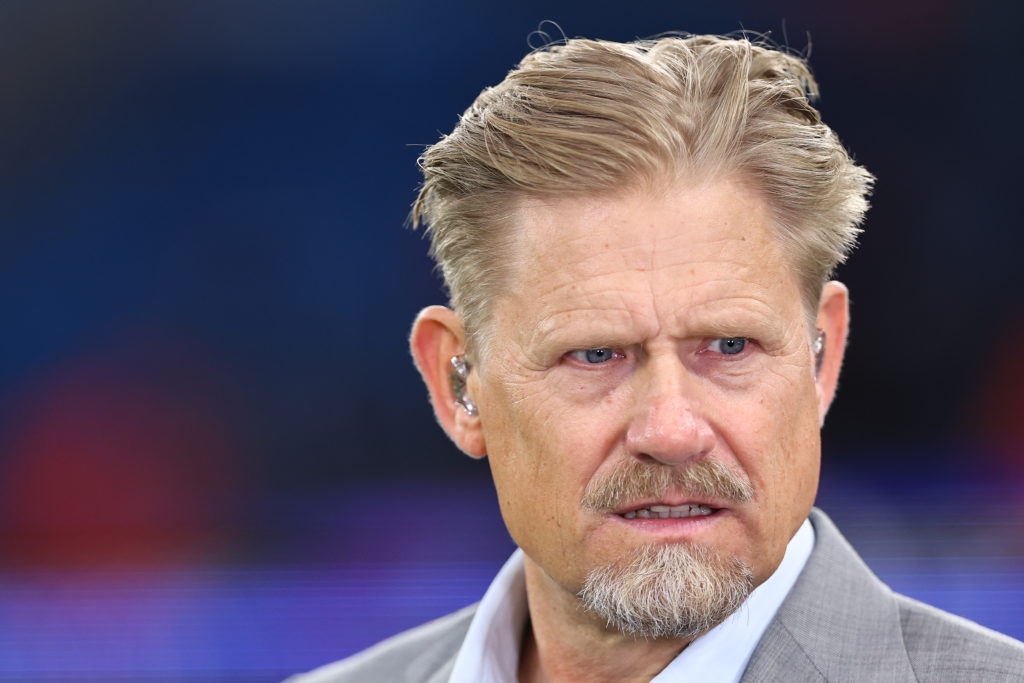 Peter Schemichel pictured presenting a Champions League clash between Manchester City and Inter Milan.