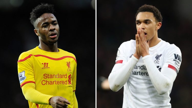 Raheem Sterling reacts during a Premier League match at Manchester United while playing for Liverpool, defender Trent Alexander-Arnold reacts durin...
