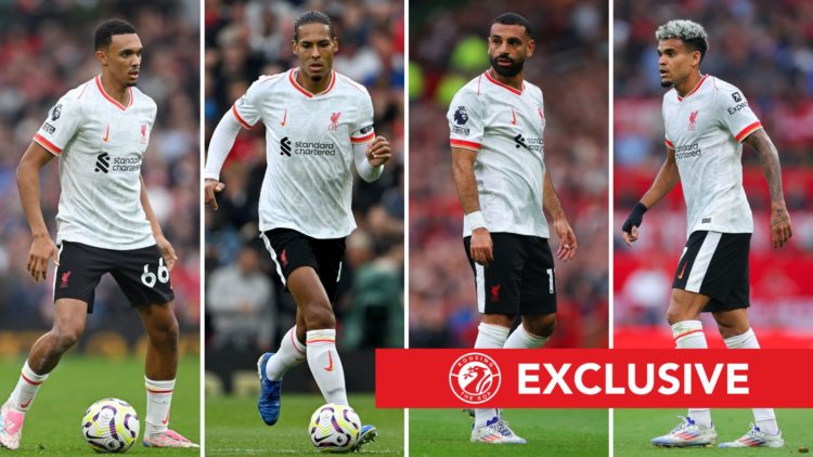 Split image of Virgil Van Dijk, Trent Alexander-Arnold, Mohamed Salah, and Luis Diaz. Overlaid, an exclusive banner.