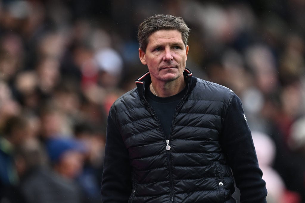 Crystal Palace manager Oliver Glasner pictured on the touchline during a Premier League game.