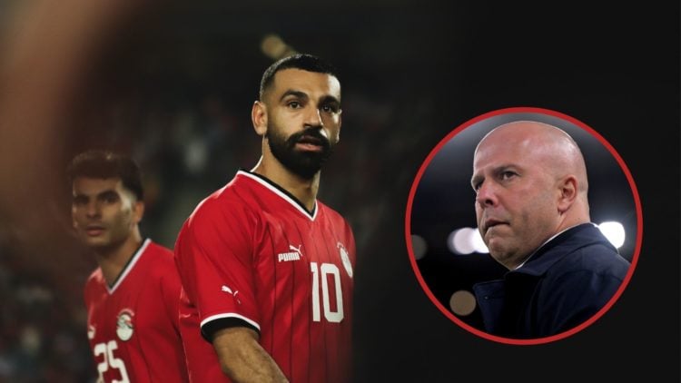 Egypt forward Mohamed Salah looks on during the African Cup of Nations qualifier against Mauritania, inset Liverpool head coach Arne Slot reacts du...