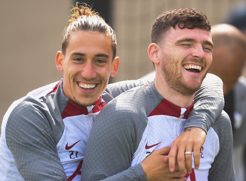 Andy Robertson and Kostas Tsimikas pictured during a Liverpool Training Session