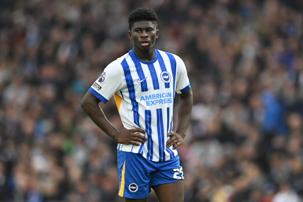 Carlos Baleba of Brighton and Hove Albion looks on during the Premier League match between Brighton & Hove Albion FC and Wolverhampton Wanderers FC at Amex Stadium