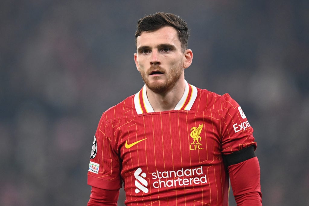 Liverpool's AndY Robertson looks on during the UEFA Champions League 2024/25 League Phase MD4 match between Liverpool FC and Bayer 04 Leverkusen at Anfield