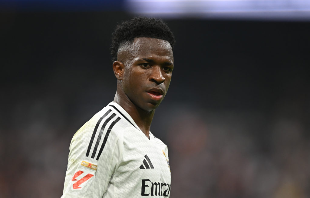 Vinicius Junior of Real Madrid looks onduring the LaLiga match between Real Madrid CF and CA Osasuna at Estadio Santiago Bernabeu