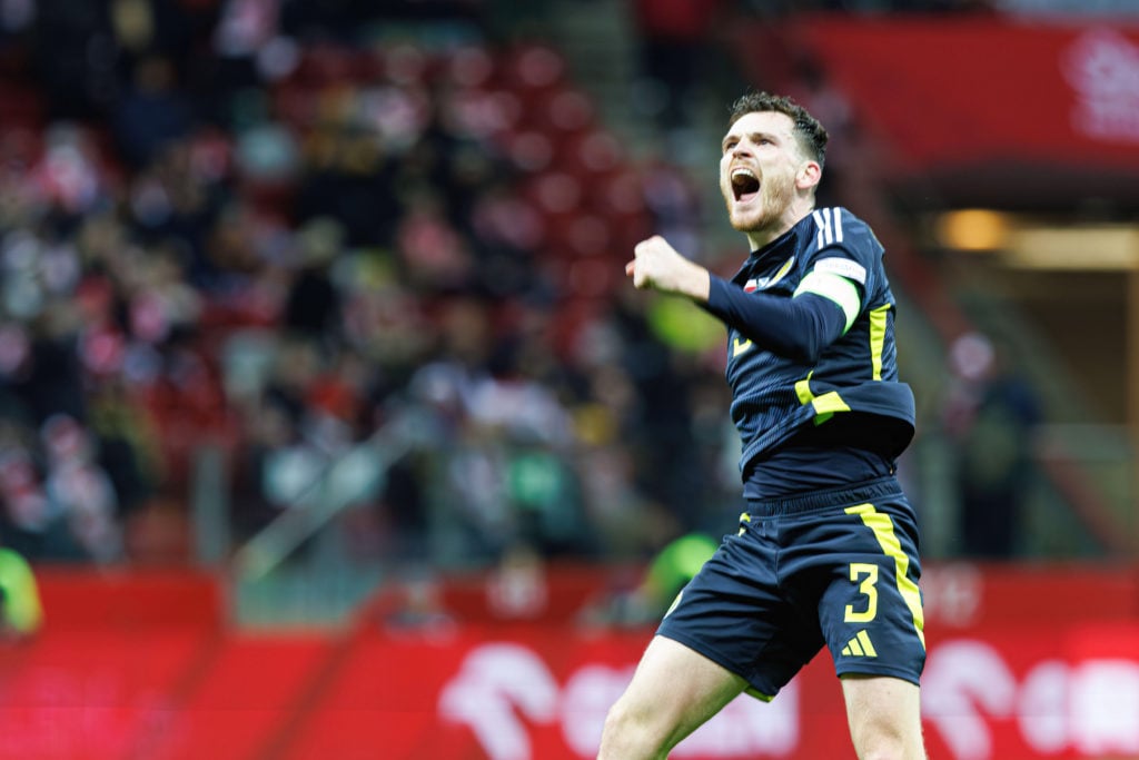 Andy Robertson (Scotland) seen celebrating after scoring a