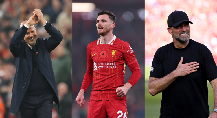A photo featuring Arne Slot, Andy Robertson and Jurgen Klopp.