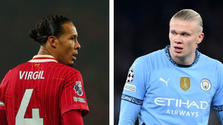 Liverpool captain Virgil van Dijk (left) in Premier League action against Aston Villa. Manchester City striker Erling Haaland (right) in Champions ...
