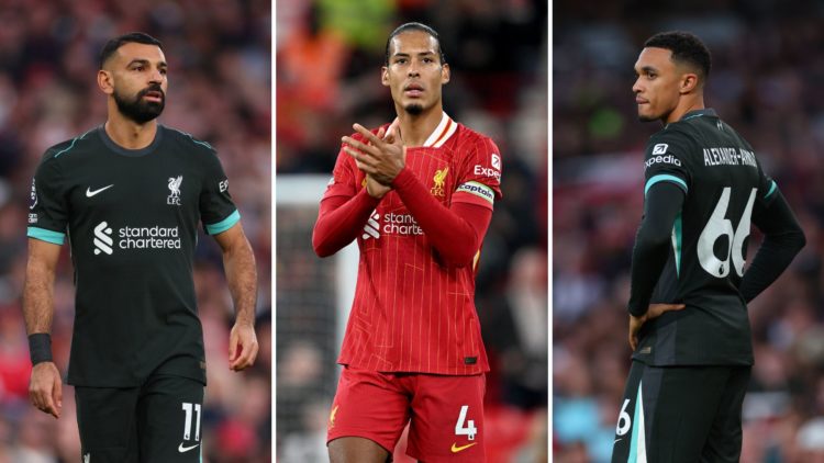 Split image of Virgil van Dijk, Trent Alexander-Arnold and Mohamed Salah.