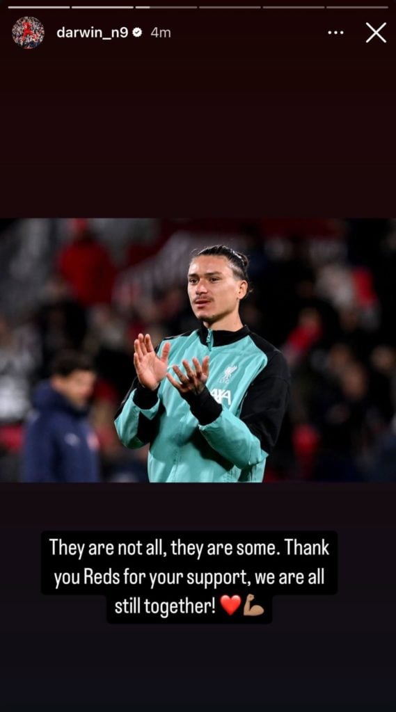 Screen grab of Liverpool striker Darwin Nunez's Instagram story